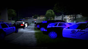 警車閃爍藍色燈光，在夜晚的城市停車場包圍一名警員。