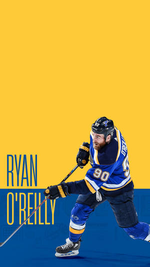 冰球運動員 Ryan O'Reilly 在鮮豔的黃藍色背景上穿著隊服移動。 — 藝術 壁紙