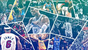 NBA籃球運動員在比賽動作和慶祝姿勢中的拼貼。