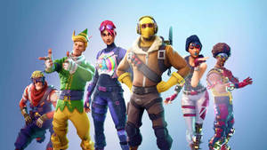 六個Fortnite遊戲角色穿著色彩繽紛的服裝在藍色背景前擺姿勢。 — Fortnite 造型 壁紙