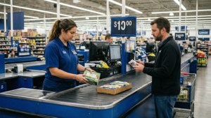 顧客在Walmart收銀處付款購買雜貨，收銀員正在掃描商品。