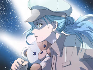 藍髮動漫女孩在星空下抱著泰迪熊