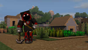 穿著紅黑盔甲的Minecraft角色站在一個有方塊房屋和綠植的村莊裡。