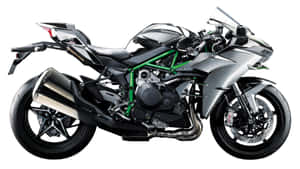 銀綠色Kawasaki運動電單車，帶有外露車架和鍍鉻排氣管。