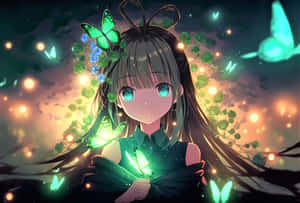 動漫女孩，頭髮上有發光的綠色蝴蝶和花朵，被溫暖的燈光包圍。