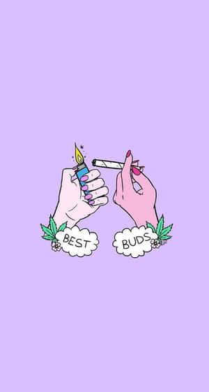 兩隻卡通手點燃一支大麻煙，伴有「BEST BUDS」雲和 Cannabis 葉。