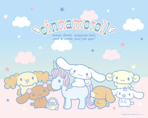 Cinnamoroll 和朋友們與獨角獸在星空下，天空有雲。
