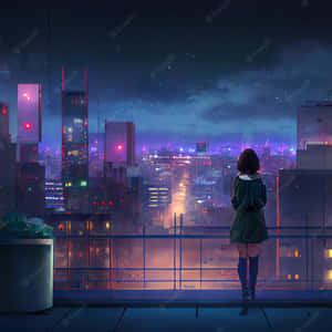 一個穿著綠色外套的女孩站在陽台上，俯瞰夜晚發光的未來城市。