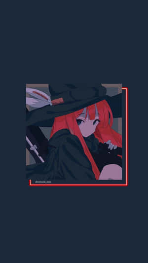 紅髮動漫女巫戴黑帽手持紅色霓虹框劍。