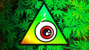 一個發光的三角形，帶有被大麻葉包圍的眼睛符號。