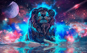一頭獅子在宇宙水域中，周圍環繞著星星和一顆紫色行星。