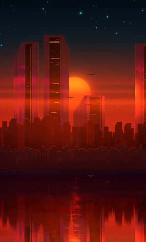 日落時分的未來城市天際線，摩天大樓在星空下的水中倒映。