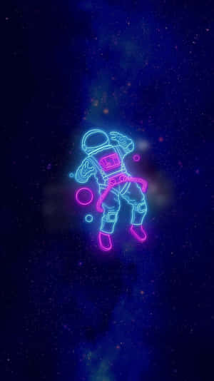 螢光太空人在繁星點點的太空漂浮，伴有發光球體