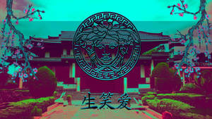 一個超現實的花園，有美杜莎標誌和櫻花，背景是青色天空。