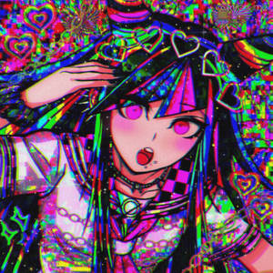 霓虹故障藝術風格的動漫女孩，擁有發光的眼睛和心形配飾。