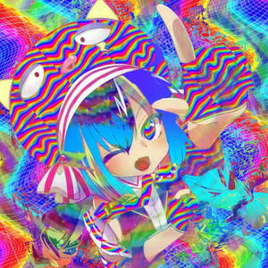 藍色頭髮和貓耳的動漫女孩在彩虹故障藝術場景中。 — 可愛動漫女仔 壁紙