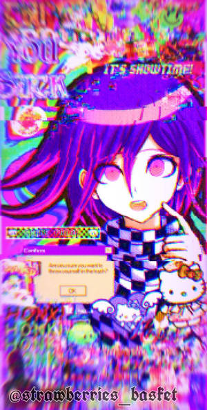 紫色頭髮的故障動畫女孩在霓虹數碼混亂中抱著Hello Kitty毛絨玩具。 — 故障 壁紙