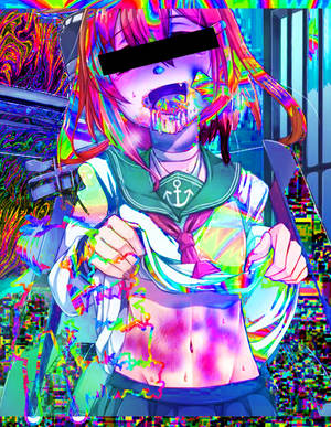 身穿水手服的動漫女孩，帶有故障效果和彩虹色彩。