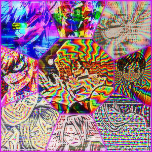 彩虹色和扭曲六邊形的動漫角色故障藝術拼貼。