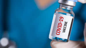 一隻戴著手套的手在臨床環境中拿著一個 COVID-19 疫苗小瓶。