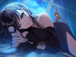 藍髮動漫女孩拿著蒲公英，附近有鳥兒的發光藍色場景