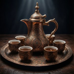 一個黃銅茶具，帶有詳細雕刻和深色茶，在托盤上被聚光燈照亮。