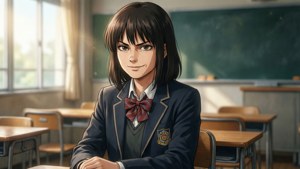 動漫女孩穿校服在教室陽光下對鏡頭微笑