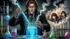 一個瘋狂科學家在實驗室中倒入發光的藍色液體，兩個女孩逃離蒸汽和混亂。
