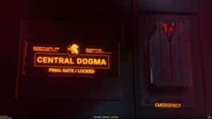 紅色發光的安全面板標示為 Central Dogma Final Gate Locked，並帶有緊急按鈕。