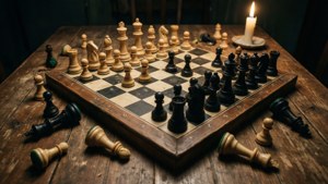 木桌上帶有倒下棋子和點燃蠟燭的棋盤。