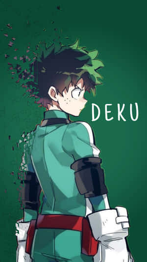 動漫英雄Deku身穿綠色服裝，幾何碎片從他的頭髮飛出。