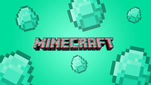 Minecraft 標誌與浮動鑽石方塊在青綠色背景上