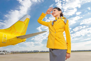 空服員在黃色飛機旁揮手，陽光明媚的停機坪