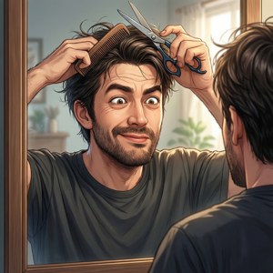 男人在鏡子前用剪刀和梳子剪自己的頭髮