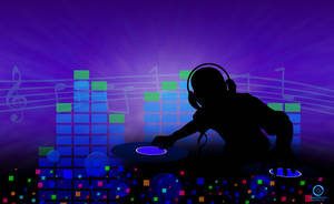 DJ 剪影混合唱片，帶有發光的音符和彩色燈光。