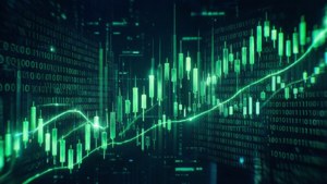 黑暗數位環境中的綠色金融圖表和二進制代碼。