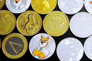 一系列實體加密貨幣代幣，設計多樣，包括 Shiba Inu Doge。