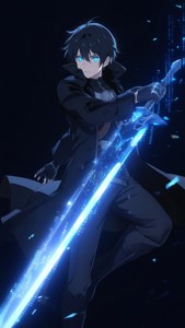 動漫男性戰士，在數碼雨場景中擁有發光的藍色眼睛和劍
