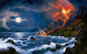 滿月下，熔岩流入海洋的夜間火山爆發。