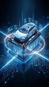 時尚的銀色電動車懸浮在電路板上的發光電池上方。