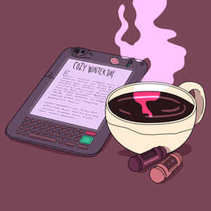 一杯冒著熱氣的濃縮咖啡和一部在紫色背景上顯示「Cozy Winter Day」的電子閱讀器。 — 美學 壁紙