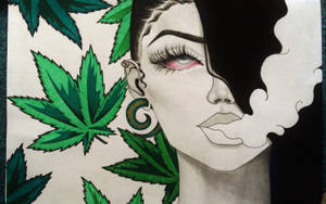 一個在圖形插圖中，眼睛發紅、周圍有綠色大麻葉的女性。