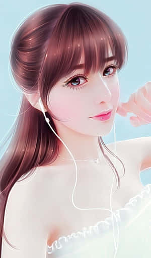 棕色頭髮和藍色眼睛的動漫女孩戴著白色耳機聽音樂。 — Galaxy Tab A11 壁紙