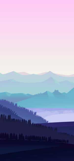 粉彩天空，層疊山巒和深色松林。