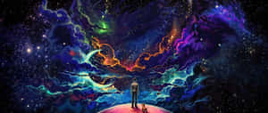 人物和小狗站在星球上，下方是色彩繽紛的宇宙天空。