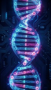 電路板背景上的螢光DNA鏈