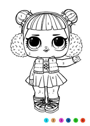 一個冬季主題卡通娃娃的填色書頁，帶有編號區域。