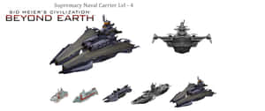 來自《Civilization Beyond Earth》遊戲的未來海軍戰艦，以各種尺寸展示。 — 2560x1080 壁紙
