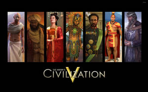 《Civilization V》中的七位歷史領袖，身著獨特服裝，排成一排展示。