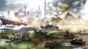 全球地標和軍事力量在超現實戰場上交戰。